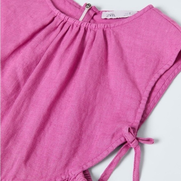 Zara Girls Cut Out Linen Bow Romper Jumpsuit Boho Pointelle Pink 10 - Picture 3 of 4